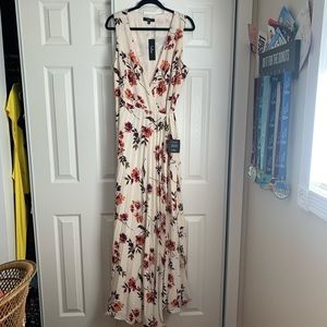 Lindsie Ivory Multi Floral Print Pleated Wrap Maxi Dress